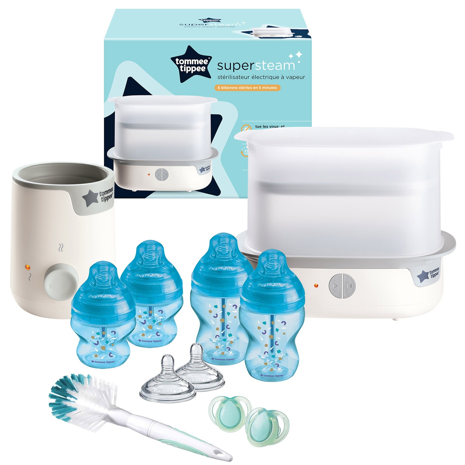 Tommee Tippee Super-Steam Advanced Electric Steriliser, Bottle Warmer & Closer to Nature Baby Bottle Set - White/Blue