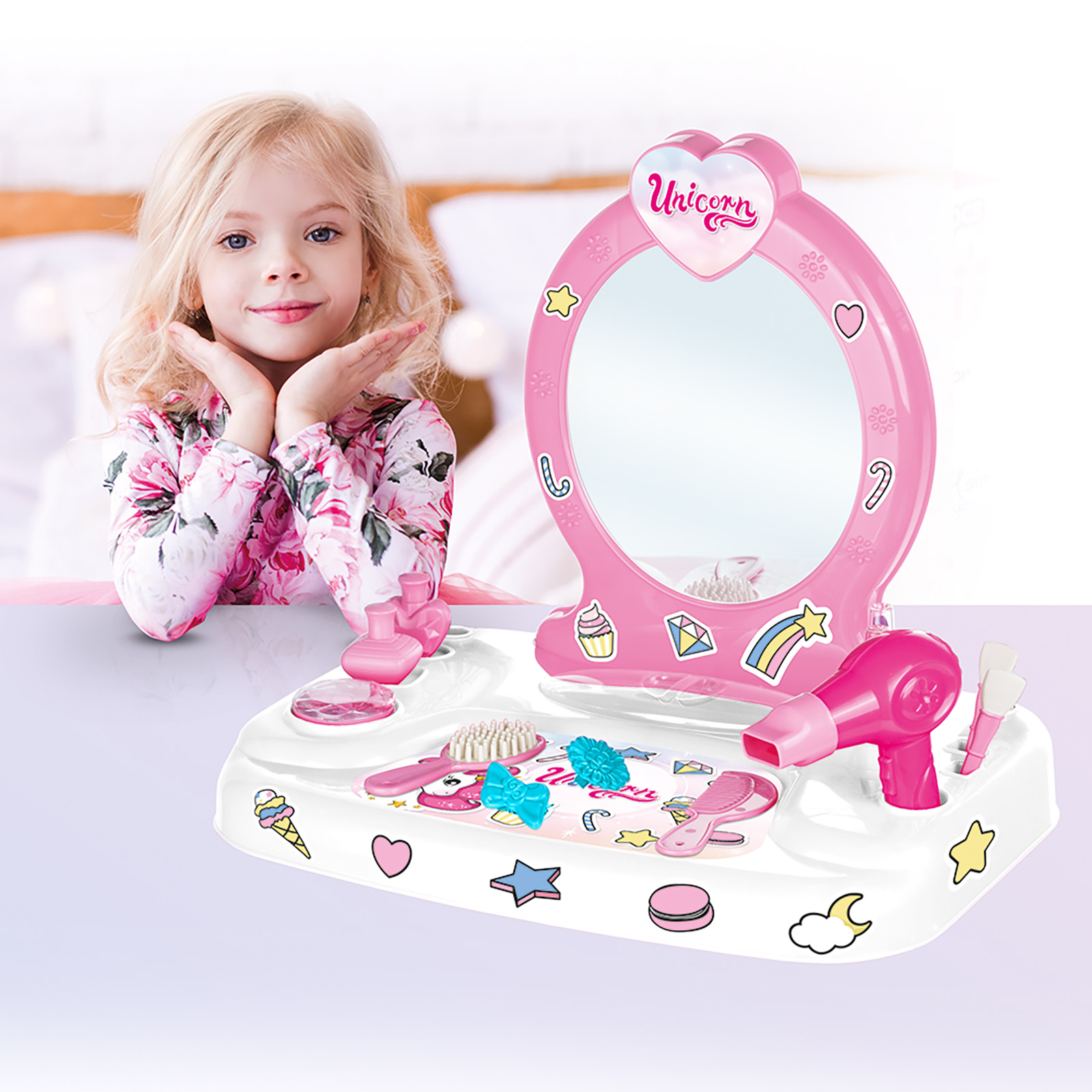 Unicorn Table Top Vanity Set With Mirror & Accessories - Pink (3 - 6 Years)