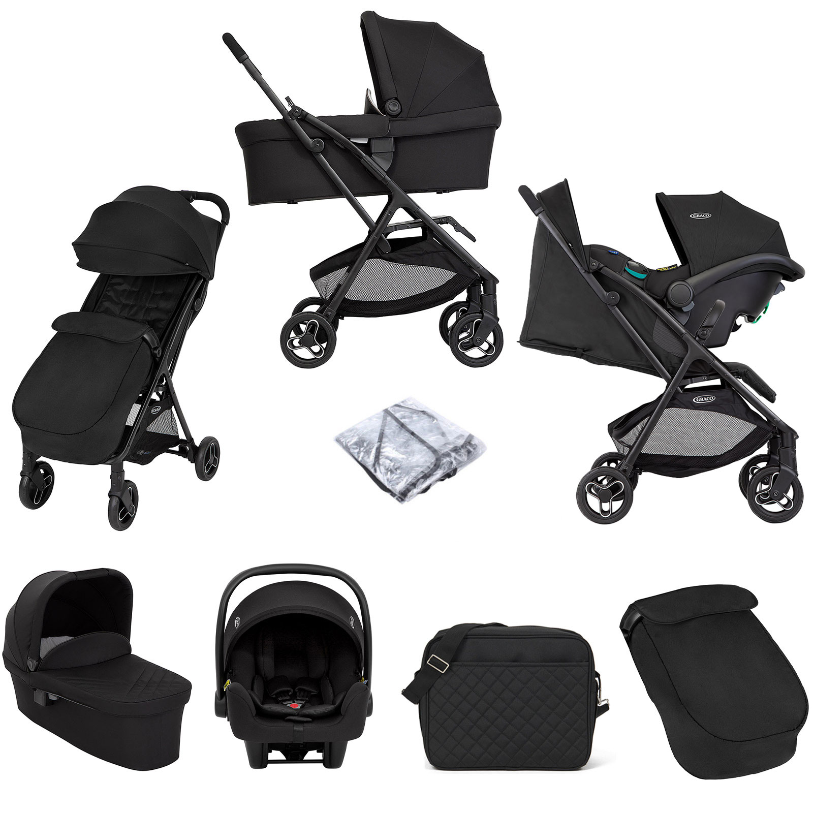 Graco Arris Trio Myavo Travel System with Footmuff, Carrycot, Changing Bag & Adapters - Night Sky