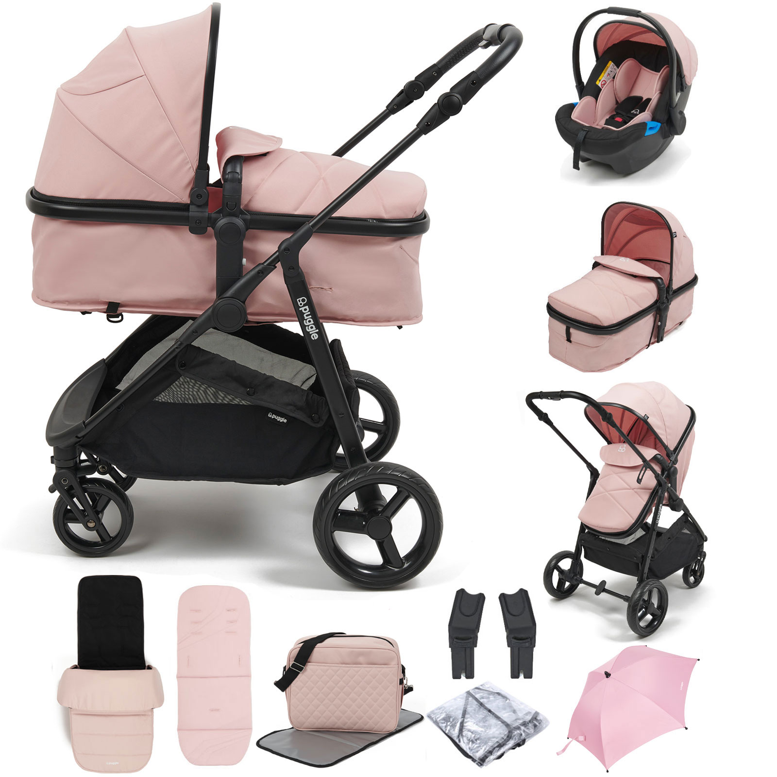 Puggle Monaco XT 2in1 Pushchair Travel System with Footmuff, Changing Bag & Parasol - Blush Pink