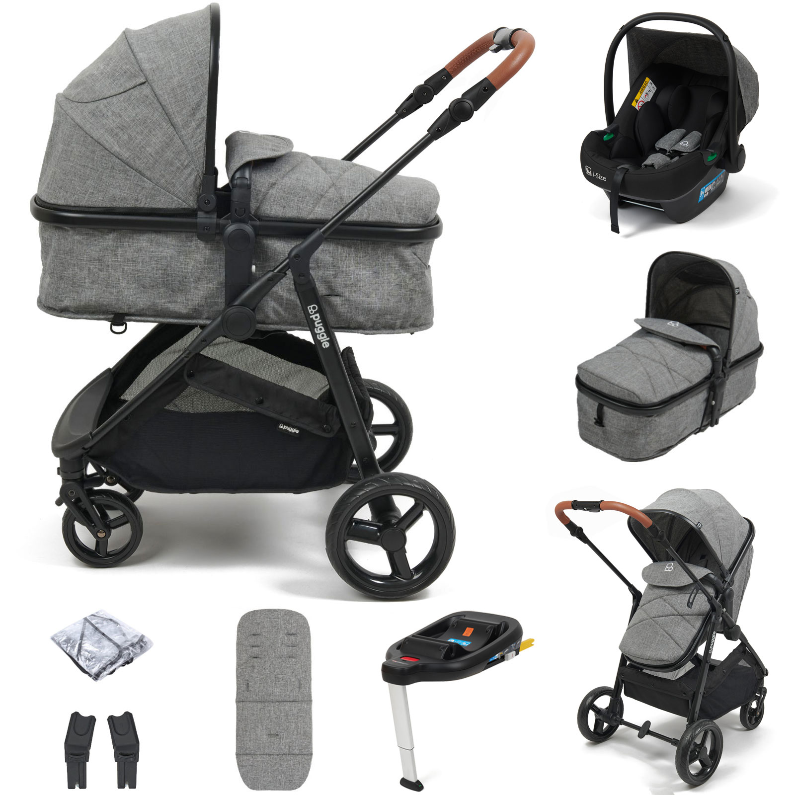 Puggle Monaco XT 2in1 With Adjustable Handles i-Size Travel System with ISOFIX Base - Graphite Grey