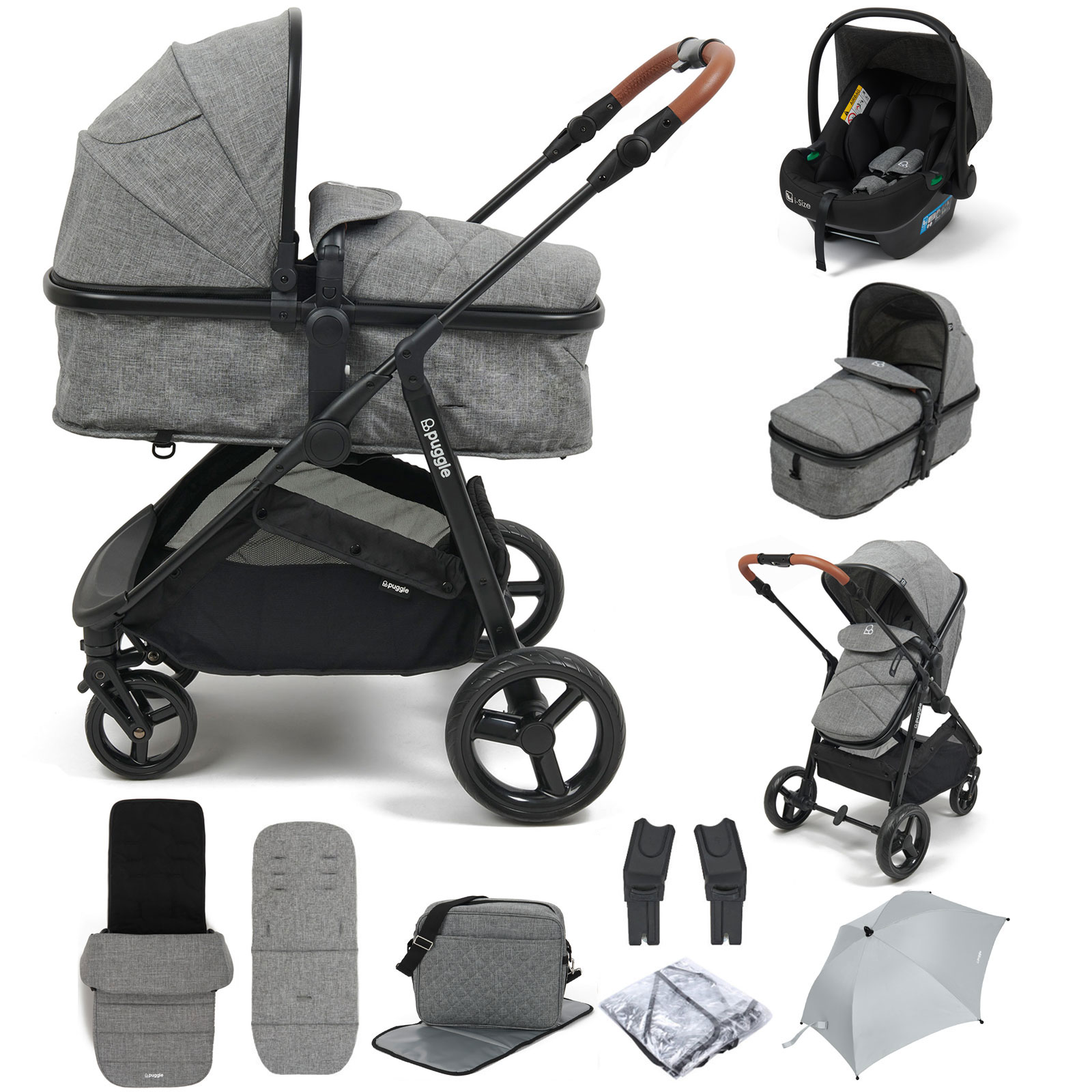 Puggle Monaco XT 2in1 i-Size Travel System with Footmuff, Changing Bag & Parasol - Graphite Grey