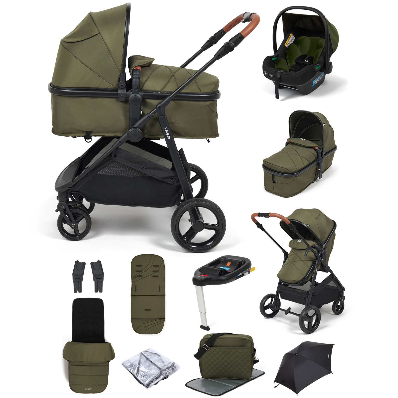 Puggle Monaco XT 2in1 i-Size Travel System with Base, Footmuff, Changing Bag & Parasol - Forest Green