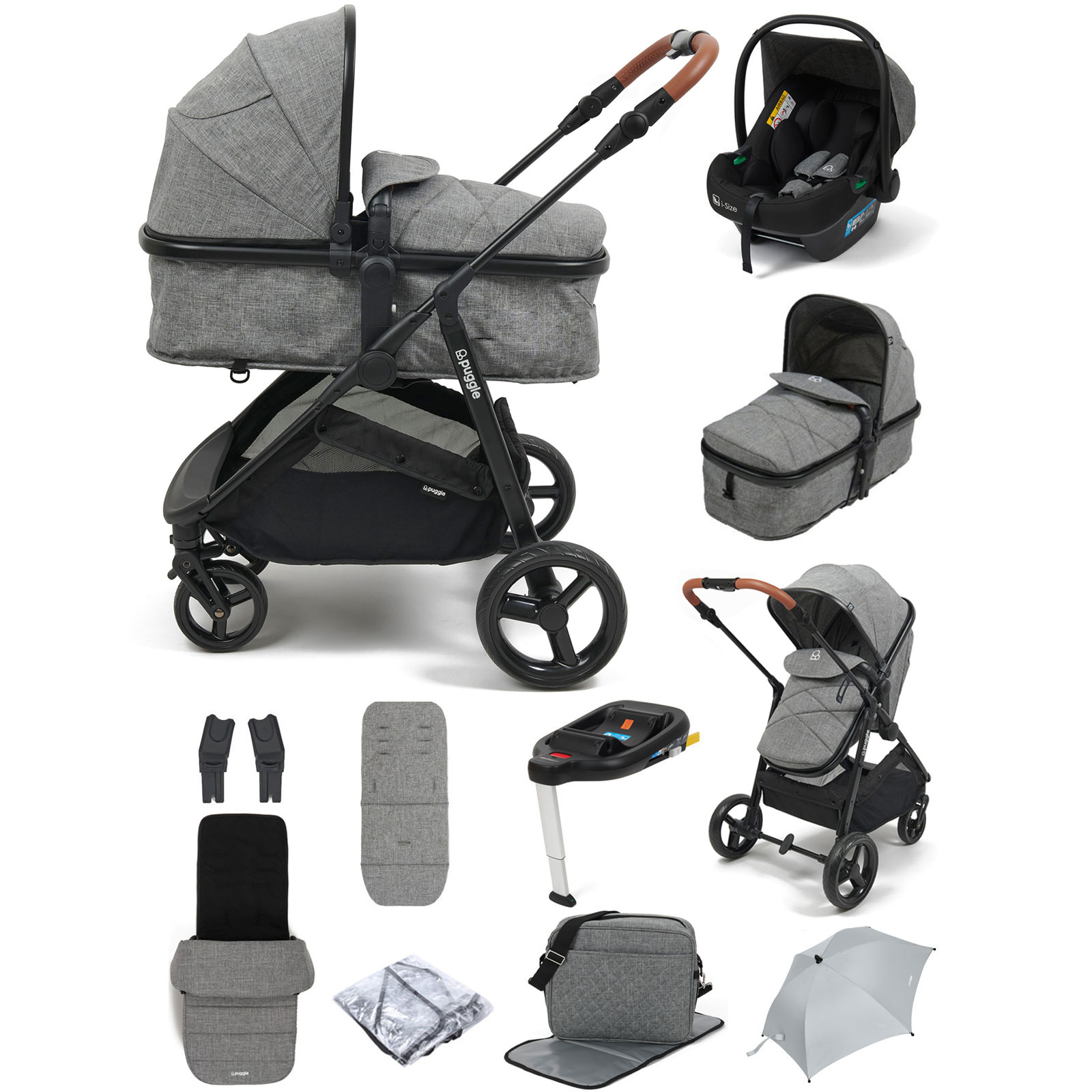 Puggle Monaco XT 2in1 i-Size Travel System with Base, Footmuff, Changing Bag & Parasol - Graphite Grey