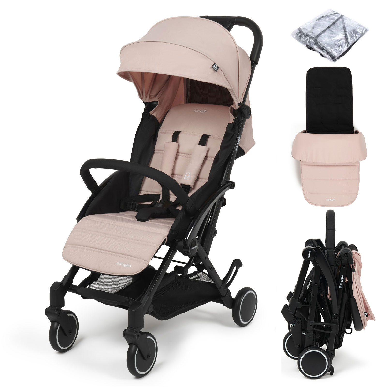 Puggle Seattle Fold & Go Compact Pushchair & Raincover With Monaco Footmuff - Blush Pink