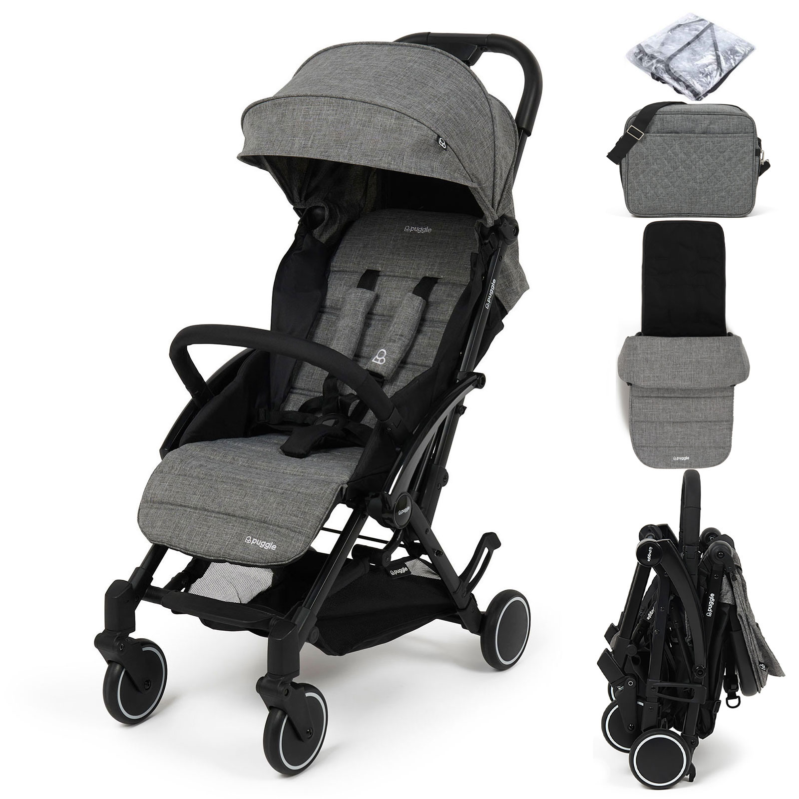 Puggle Seattle Fold & Go Compact Pushchair & Raincover With Monaco Footmuff & Changing Bag - Graphite Grey