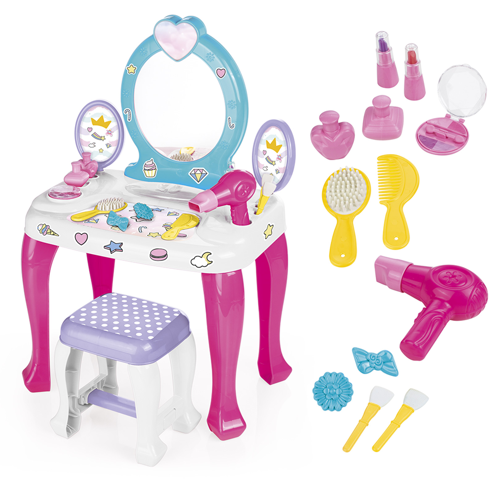 Unicorn Vanity Table Set With Mirror, Stool & 12 Accessories - Pink & White (3 - 6 Years)