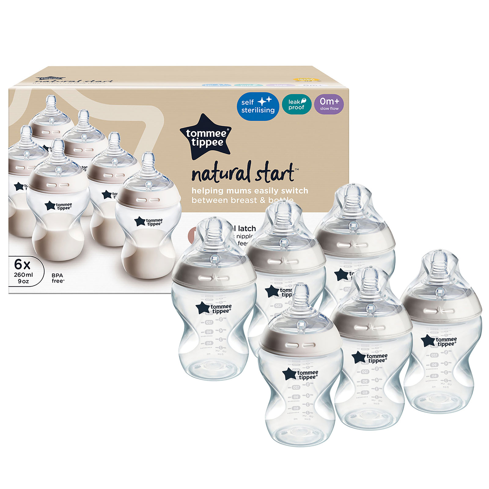 Tommee Tippee Closer to Nature 6 Pack Baby Bottles (260ml) - Natural Clear
