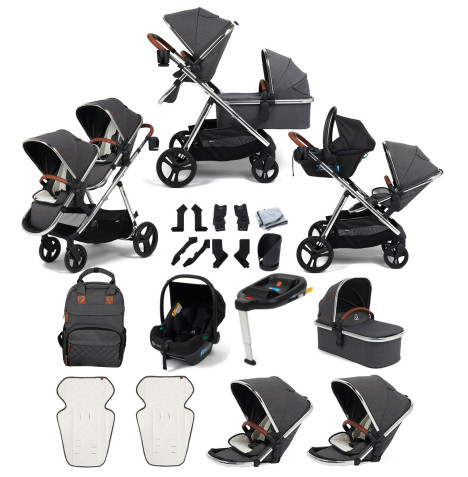 Puggle Memphis 3-in-1 Duo i-Size Double Travel System With ISOFIX Base - Platinum Grey (Chrome Frame)