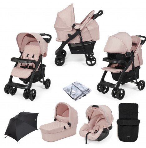 Puggle Denver Luxe 3in1 Travel System with Raincover, Footmuff & Parasol - Blush Pink