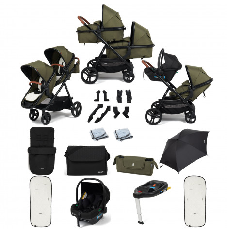 Puggle Memphis 2-in-1 Duo i-Size Double Travel System with Footmuff, Changing Bag, Parasol & i-Size Car Seat with Base - Forest Green