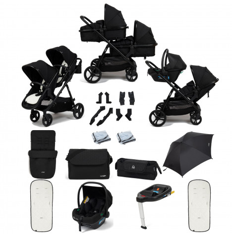 Puggle Memphis 2-in-1 Duo i-Size Double Travel System with Footmuff, Changing Bag, Parasol & i-Size Car Seat with Base - Midnight Black