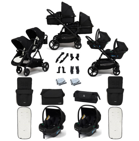 Puggle Memphis 2-in-1 Duo i-Size Double Travel System with 2 Memphis i-Size Car Seats, 2 Footmuffs & Changing Bag - Midnight Black