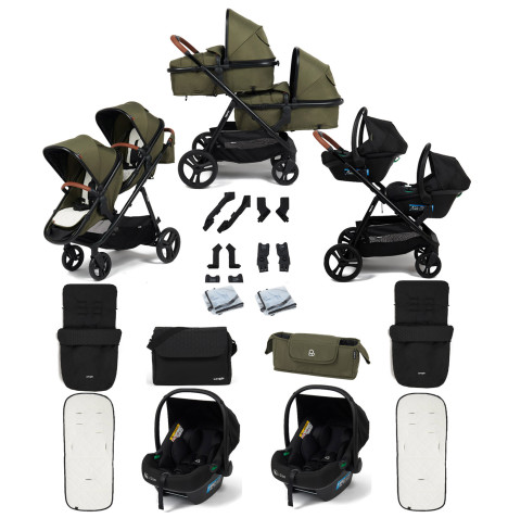 Puggle Memphis 2-in-1 Duo i-Size Double Travel System with 2 Memphis i-Size Car Seats, 2 Footmuffs & Changing Bag - Forest Green