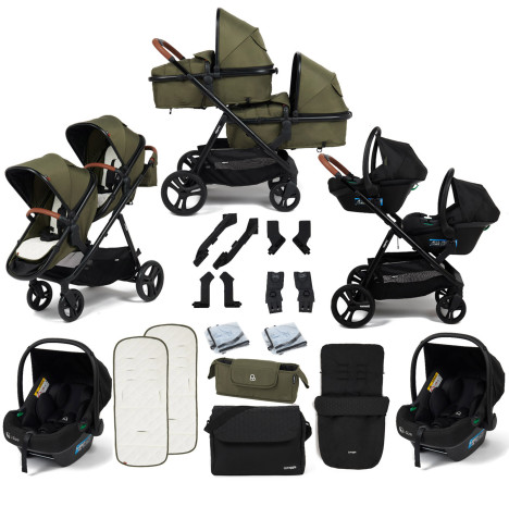 Puggle Memphis 2-in-1 Duo i-Size Double Travel System with 2 Memphis i-Size Car Seats, Footmuff & Bag - Forest Green