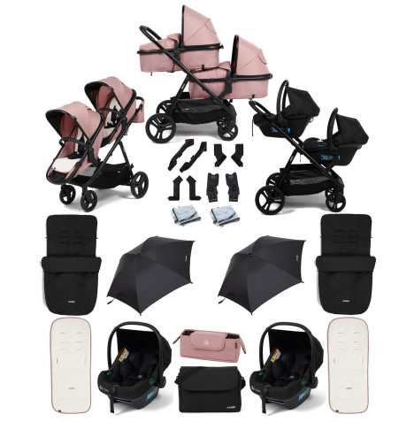 Puggle Memphis 2-in-1 Duo Double Travel System with 2 i-Size Car Seats, 2 Footmuffs, 2 Parasols, and Changing Bag - Dusk Pink