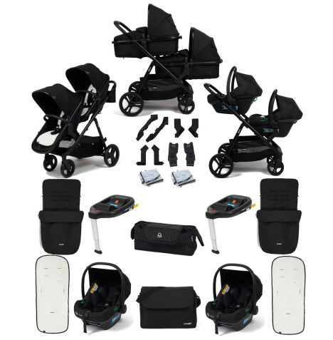 Puggle Memphis 2-in-1 Duo Double Travel System with 2 i-Size Car Seats, 2 ISOFIX Bases, 2 Footmuffs and Changing Bag - Midnight Black
