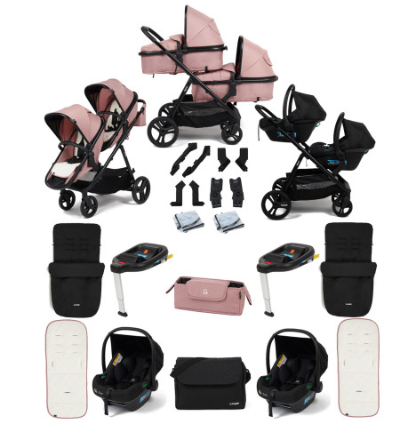Puggle Memphis 2-in-1 Duo Double Travel System with 2 i-Size Car Seats, 2 ISOFIX Bases, 2 Footmuffs and Changing Bag - Dusk Pink