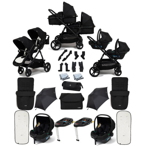 Puggle Memphis 2-in-1 Duo Double Travel System with 2 i-Size Car Seats, 2 ISOFIX Bases, 2 Footmuffs, 2 Parasols, and Changing Bag - Midnight Black