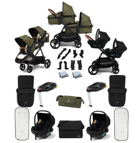 Puggle Memphis 2-in-1 Duo Double Travel System with 2 i-Size Car Seats, 2 ISOFIX Bases, 2 Footmuffs and Changing Bag - Forest Green