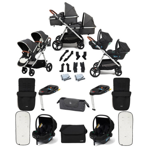 Puggle Memphis 2-in-1 Duo Double Travel System with 2 i-Size Car Seats, 2 ISOFIX Bases, 2 Footmuffs and Changing Bag - Platinum Grey