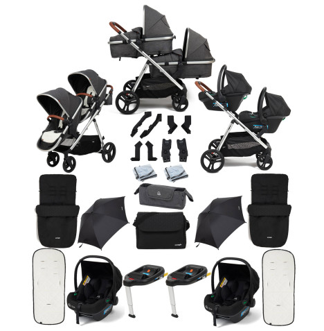 Puggle Memphis 2-in-1 Duo Double Travel System with 2 i-Size Car Seats, 2 ISOFIX Bases, 2 Footmuffs, 2 Parasols, and Changing Bag - Platinum Grey