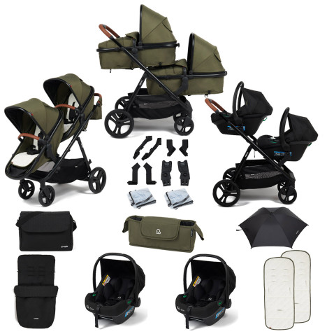 Puggle Memphis 2-in-1 Duo i-Size Double Travel System with 2 i-Size Car Seats, Footmuff, Changing Bag & Parasol - Forest Green