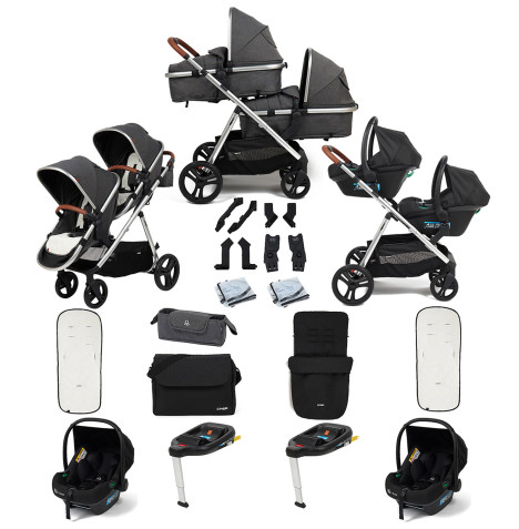 Puggle Memphis 2-in-1 Duo Double Travel System with 2 i-Size Car Seats, 2 ISOFIX Bases, Footmuff and Changing Bag - Platinum Grey
