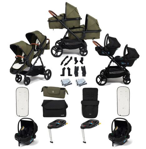 Puggle Memphis 2-in-1 Duo Double Travel System with 2 i-Size Car Seats, 2 ISOFIX Bases, Footmuff and Changing Bag - Forest Green
