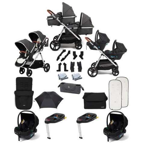 Puggle Memphis 2-in-1 Duo Double Travel System with 2 i-Size Car Seats, 2 ISOFIX Bases, Footmuff, Parasol, and Changing Bag - Platinum Grey