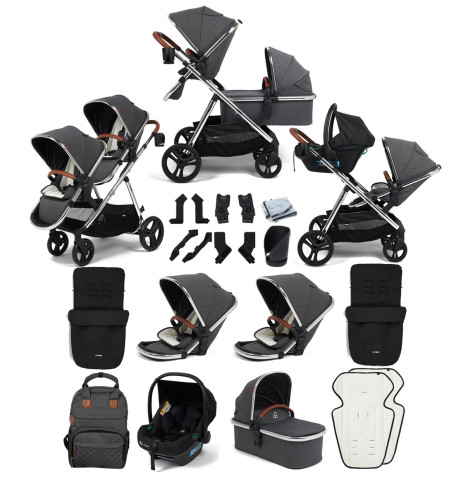 Puggle Memphis 3-in-1 Duo i-Size Double Travel System with 2 Footmuffs - Platinum Grey