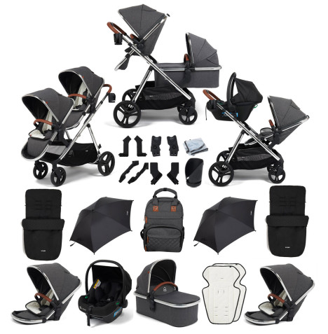 Puggle Memphis 3-in-1 Duo i-Size Double Travel System with 2 Footmuffs & 2 Parasols - Platinum Grey