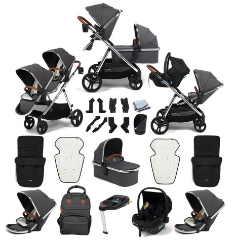 Puggle Memphis 3-in-1 Duo i-Size Double Travel System with 2 Footmuffs & ISOFIX Base - Platinum Grey