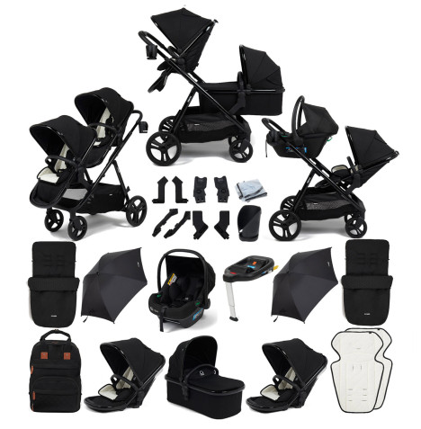 Puggle Memphis 3-in-1 Duo i-Size Double Travel System with 2 Footmuffs, 2 Parasols & ISOFIX Base - Midnight Black