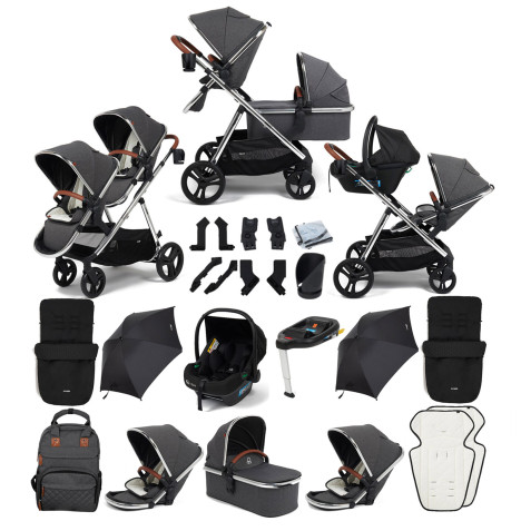 Puggle Memphis 3-in-1 Duo i-Size Double Travel System with 2 Footmuffs, 2 Parasols & ISOFIX Base - Platinum Grey