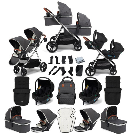 Puggle Memphis 3-in-1 Duo i-Size Double Twin Travel System with 2 Footmuffs - Platinum Grey