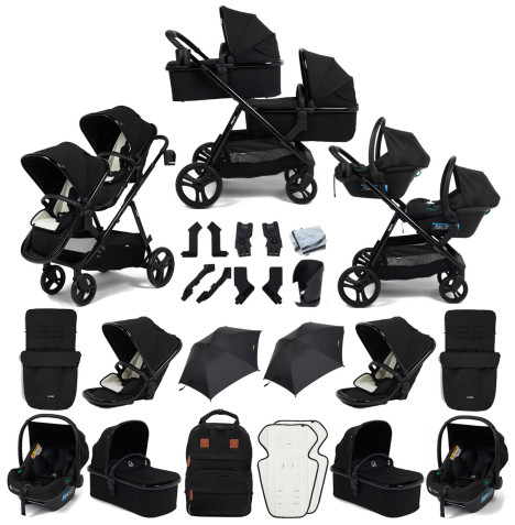 Puggle Memphis 3-in-1 Duo i-Size Double Twin Travel System with 2 Footmuffs & 2 Parasols - Midnight Black