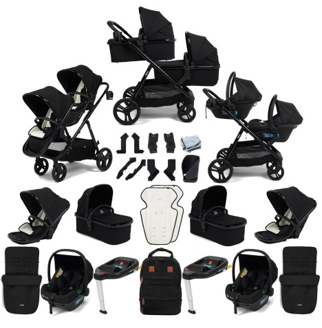 Puggle Memphis 3-in-1 Duo i-Size Double Twin Travel System with 2 Footmuffs & 2 ISOFIX Bases - Midnight Black