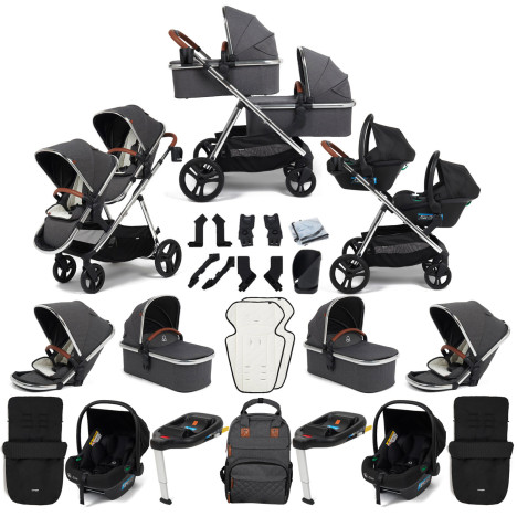 Puggle Memphis 3-in-1 Duo i-Size Double Twin Travel System with 2 Footmuffs & 2 ISOFIX Bases - Platinum Grey
