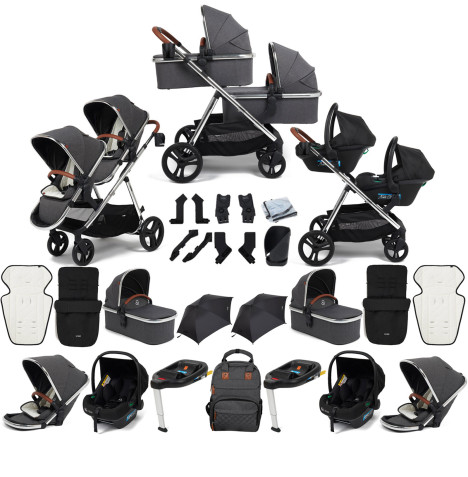 Puggle Memphis 3-in-1 Duo i-Size Double Twin Travel System with 2 Footmuffs, 2 ISOFIX Bases & 2 Parasols - Platinum Grey