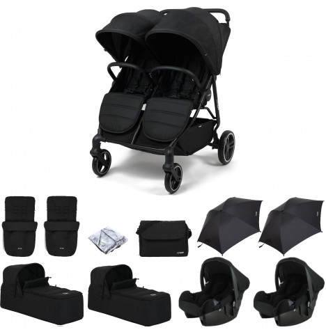 Puggle Urban City Easyfold Twin Pushchair with 2 Beone Car Seats, 2 Carrycots, 2 Footmuffs, 2 Parasols & Changing Bag – Storm Black