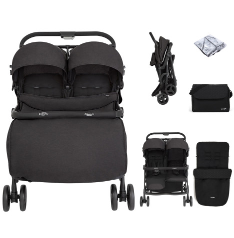 Graco Opia™ Twin Pushchair with Double Apron, Raincover, Footmuff & Changing Bag - Night Sky