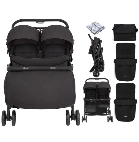 Graco Opia™Twin Pushchair with Double Apron, Raincover, 2 Footmuffs & Changing Bag - Night Sky