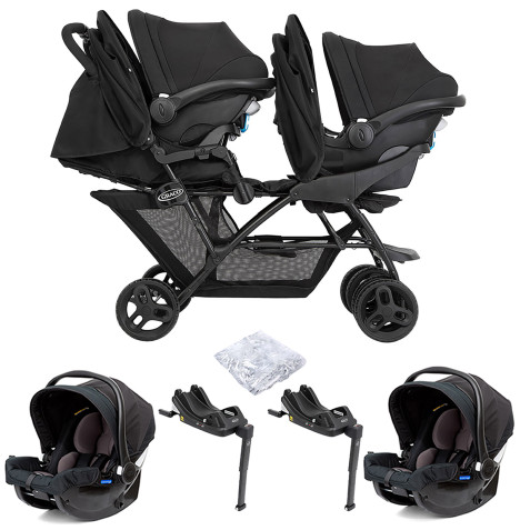 Graco Blaaze™ Stadium Duo Tandem Travel System with Front Apron, Raincover, 2 Snugessentials Car Seats & 2 Isofamily i-Size Bases - Night Sky