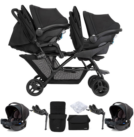 Graco Blaaze™ Stadium Duo Tandem Travel System with Front Apron, Raincover, Footmuff, Changing Bag, 2 Car Seats & 2 Bases - Night Sky