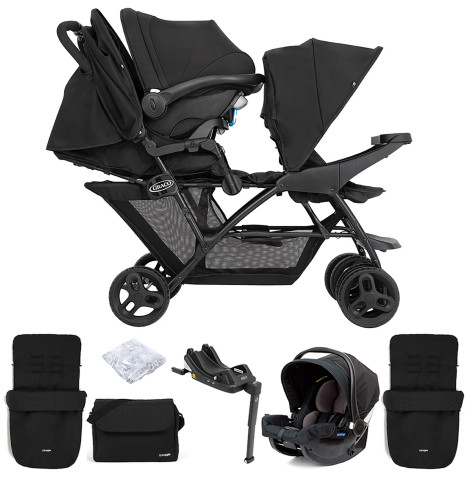 Graco Blaaze™ Stadium Duo Tandem Travel System with Front Apron, Raincover, 2 Footmuffs, Changing Bag, Car Seat & Base - Night Sky