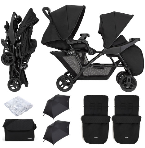 Graco Blaaze™ Stadium Duo Tandem Pushchair with Front Apron, Raincover, 2 Footmuffs, 2 Parasols & Changing Bag - Night Sky
