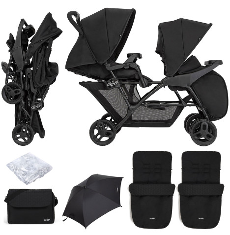 Graco Blaaze™ Stadium Duo Tandem Pushchair with Front Apron, Raincover, 2 Footmuffs, Parasol & Changing Bag - Night Sky