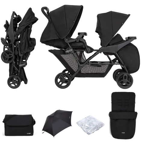 Graco Blaaze™ Stadium Duo Tandem Pushchair with Front Apron, Raincover, Footmuff, Parasol & Changing Bag - Night Sky