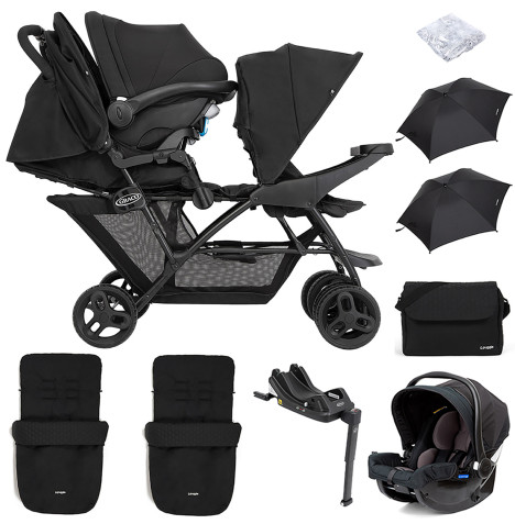 Graco Blaaze™ Stadium Duo Tandem Travel System with Front Apron, Raincover, 2 Footmuffs, Changing Bag, Car Seat, Base & 2 Parasols - Night Sky